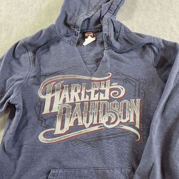 Harley-Davidson Hoodie Women Small Blue Fleece Lined V Neck Drawstring Pullover - Picture 8 of 10